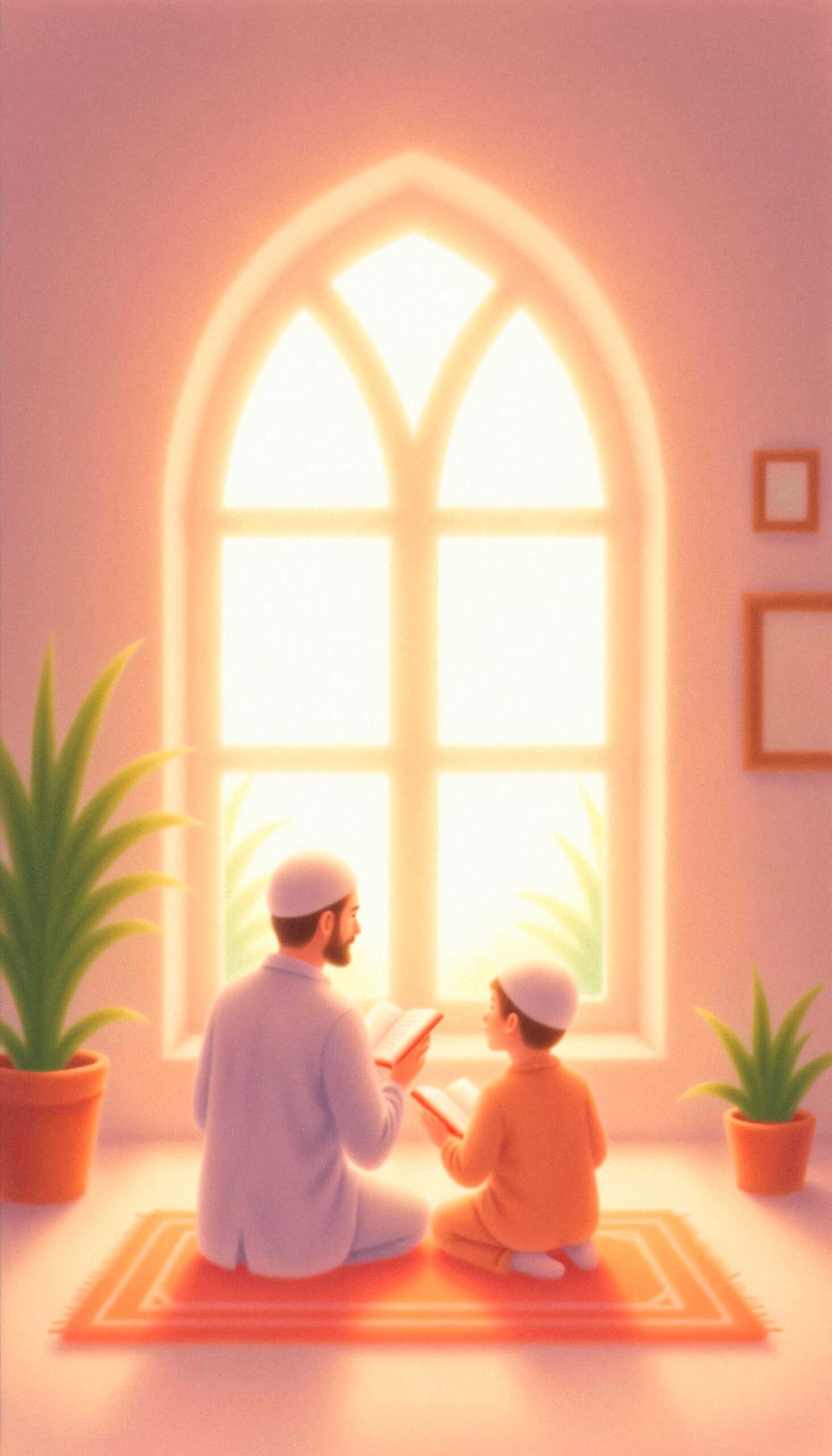 father son reading quran by window illustration